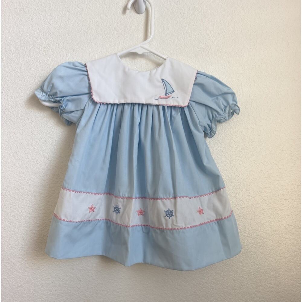 Vintage Toddler Girl Dress by Cherubs Blue Nautical Theme applique 2t